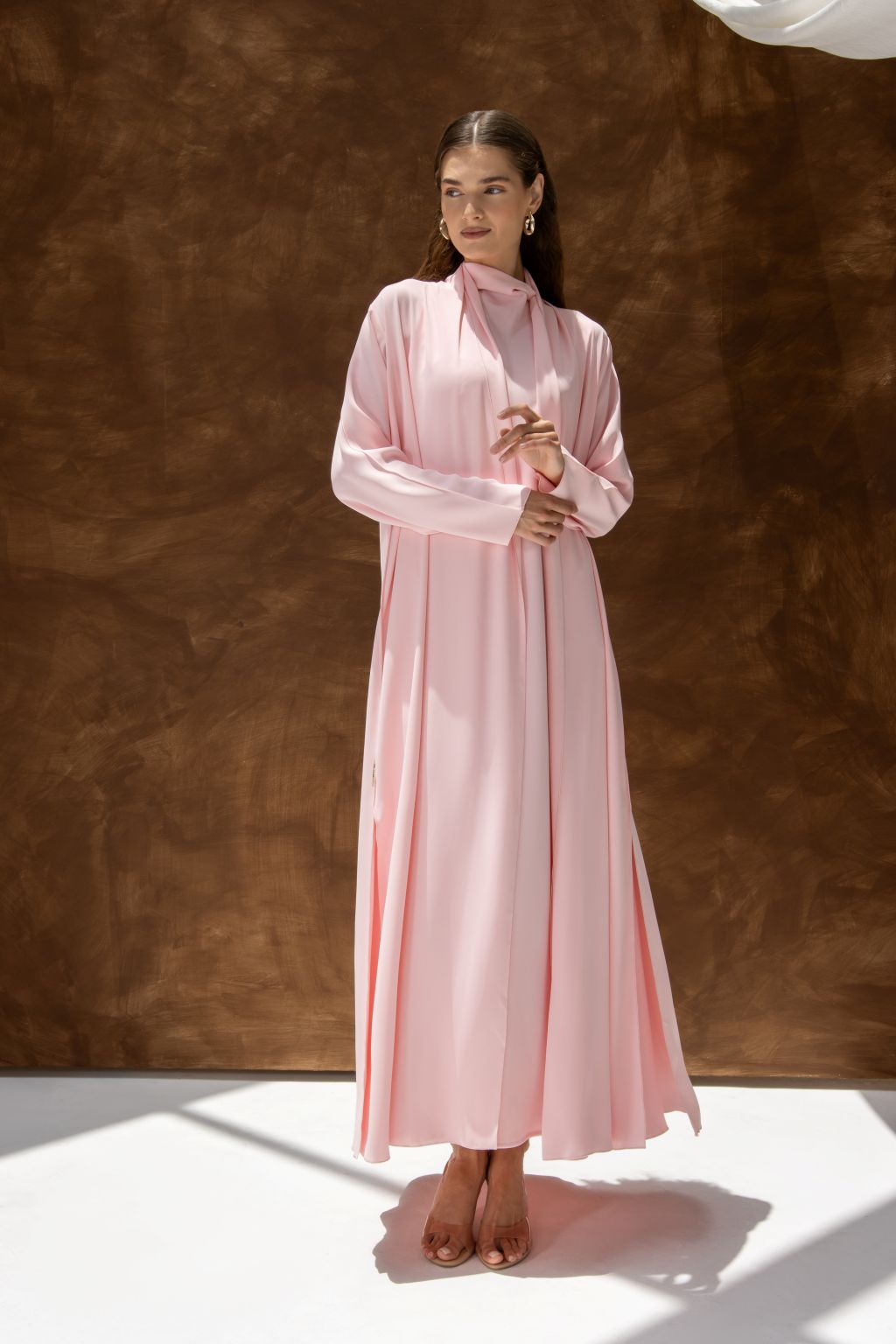 Selected Lines pink abaya classic evening dress for special occasions with long sleeves and high neckline