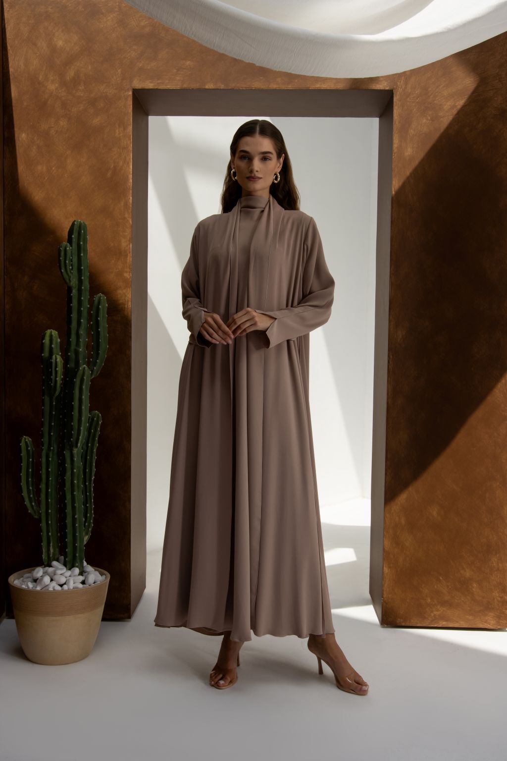 Selected Lines classic evening dress for special occasions abaya in taupe with long sleeves and flowing design
