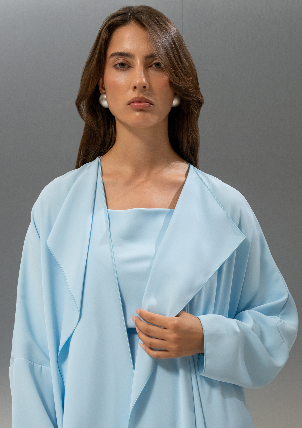 Selected Lines Celeste abaya in baby blue Japanese crepe worn full length