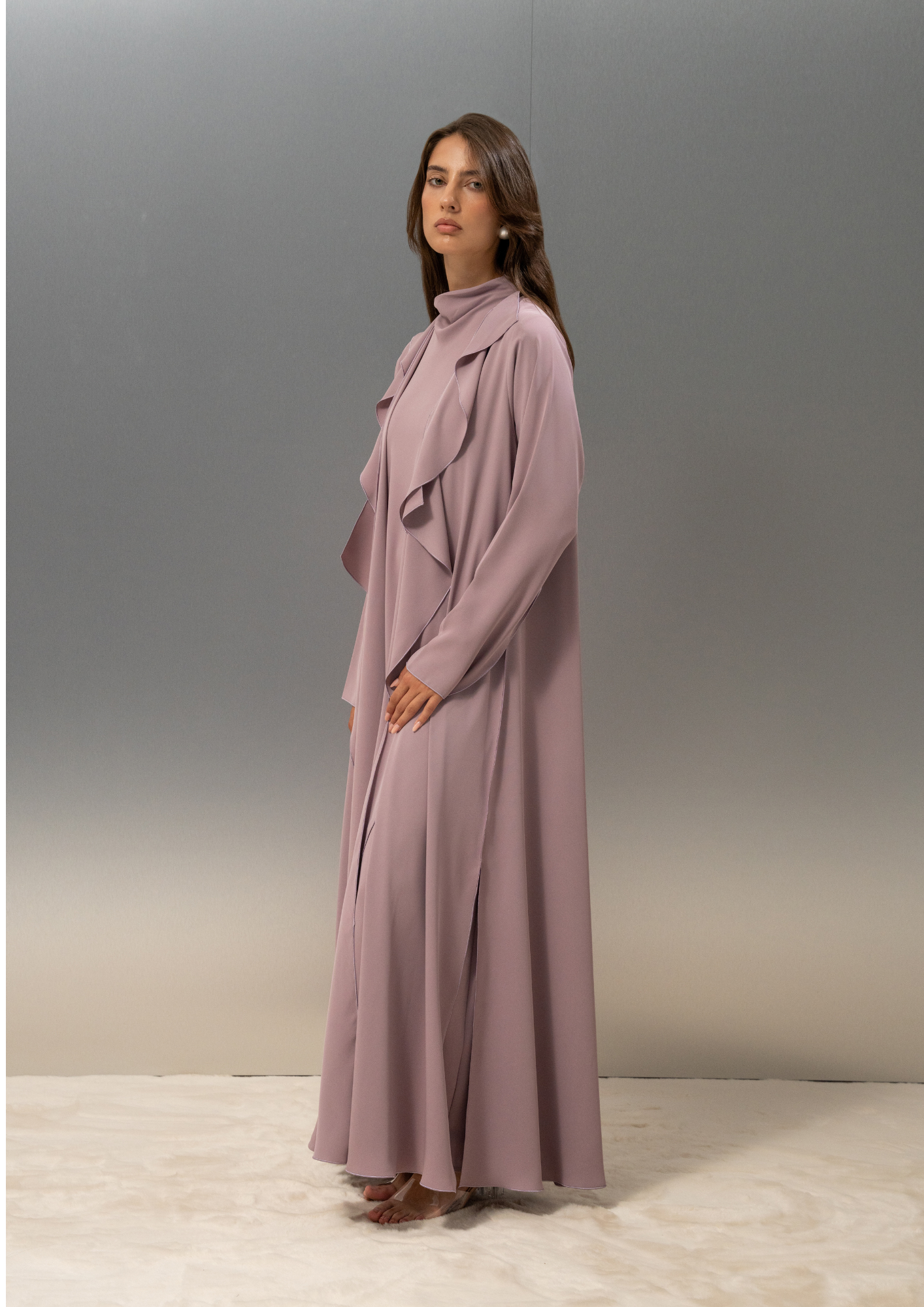 A soft champagne finish on the Champagne abaya in powder pink Japanese crepe