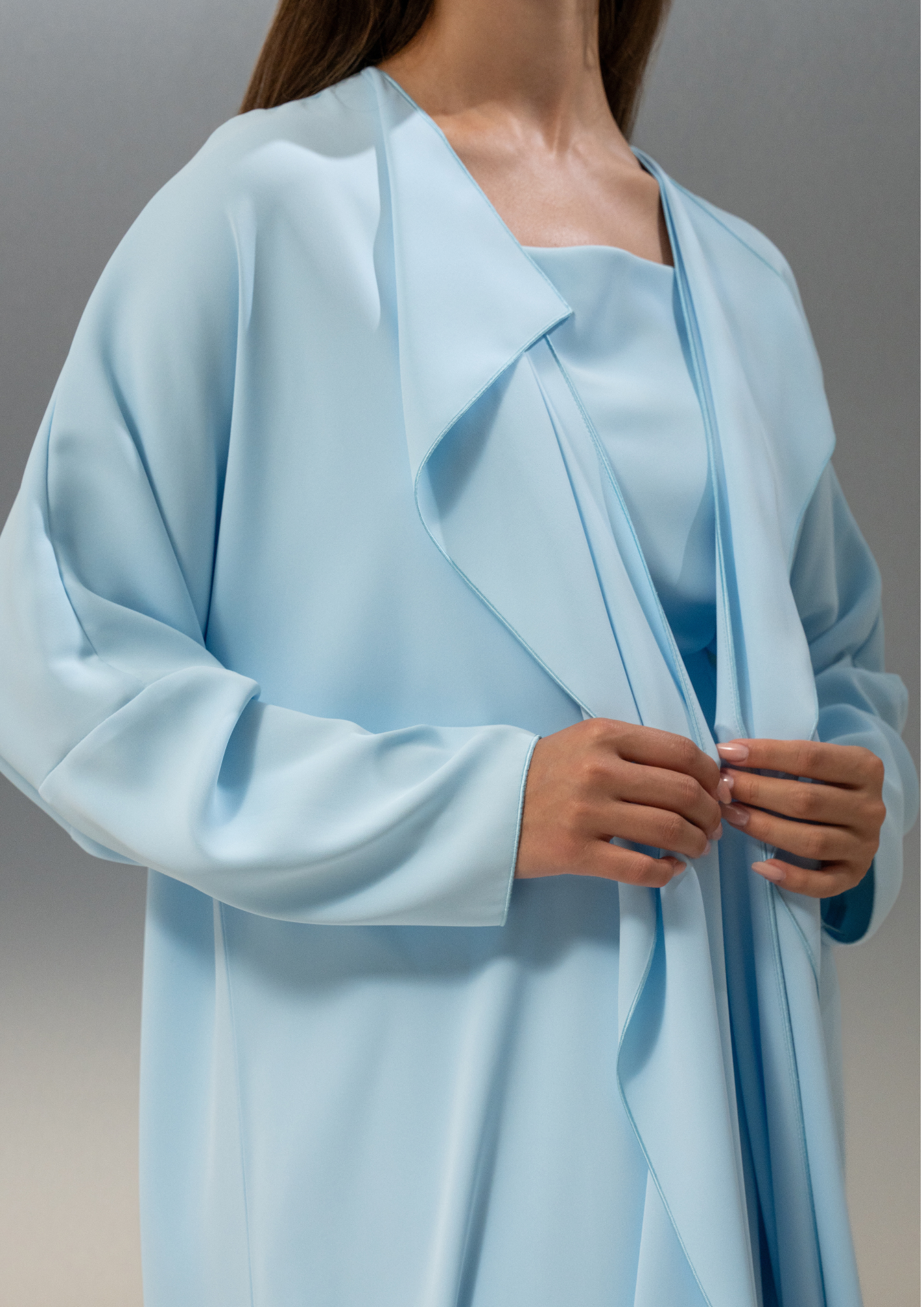 Baby blue Japanese crepe abaya from the Selected Lines collection