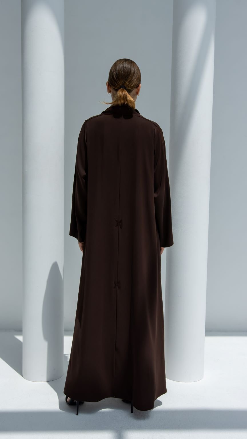 Back view of Back X-Abaya showcasing A-line fit and unique back design | Selected Lines