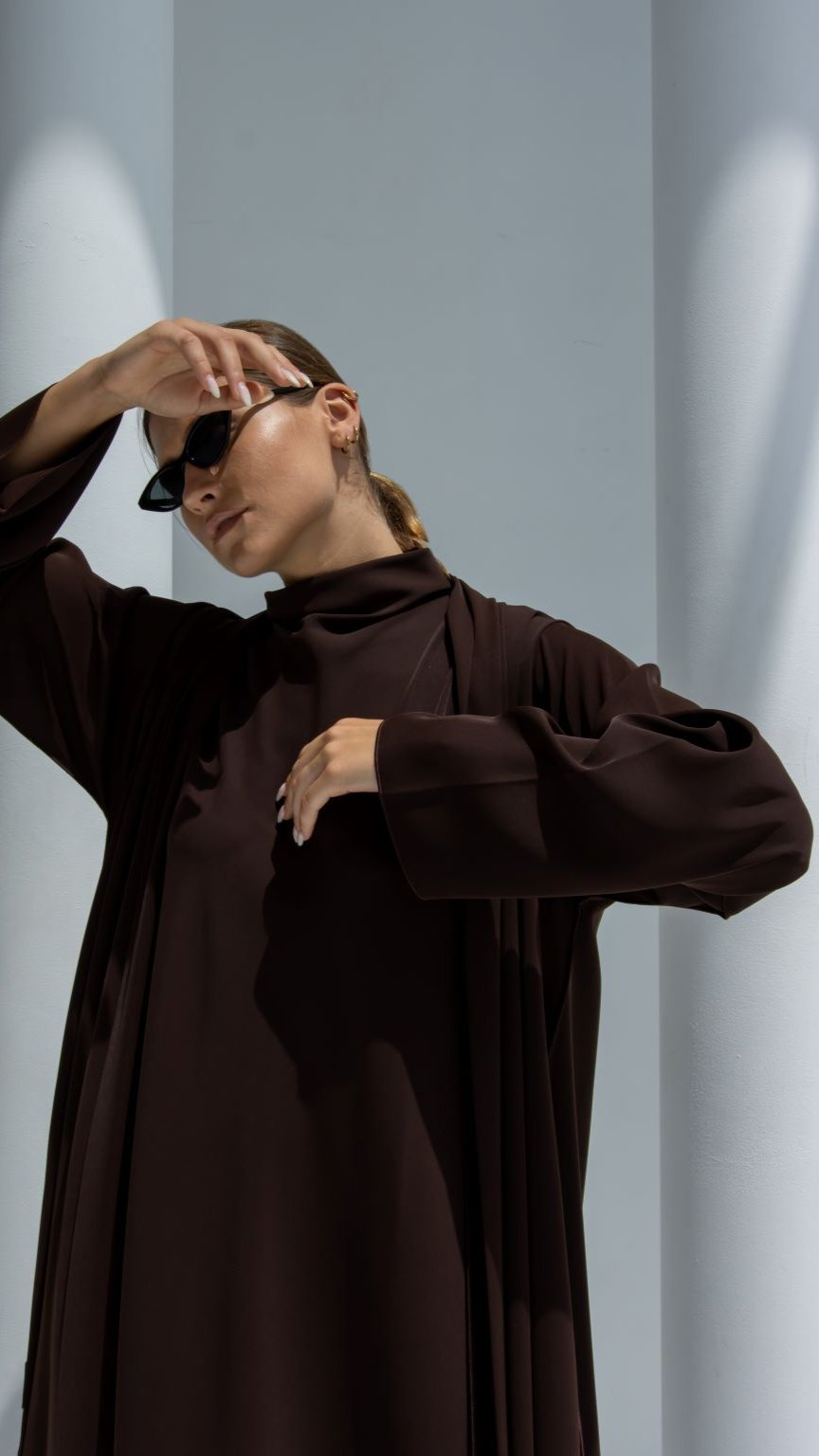 Front view of Back X-Abaya in mocha brown Japan crepe fabric | Selected Lines