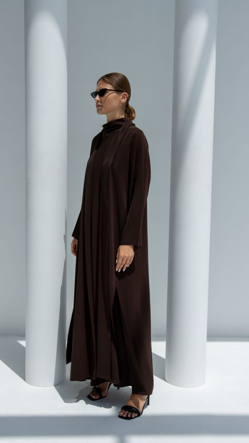 Side profile of Back X-Abaya highlighting mocha brown crepe fabric and elegant silhouette | Selected Lines