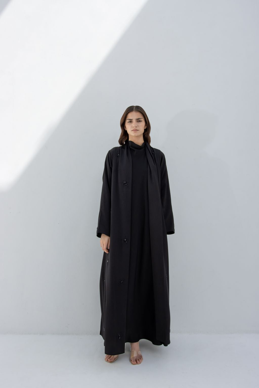 Selected Lines black formal abaya for women with long sleeves and button details