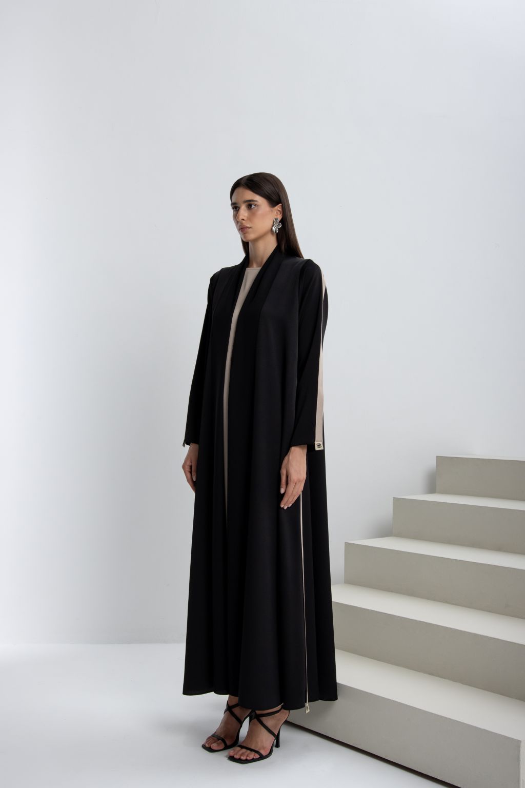 Elegant black designer abaya dress for occasions with a stylish open front design