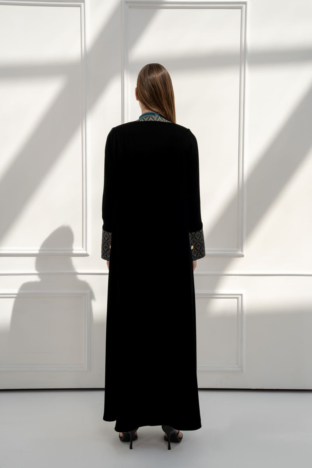 Black Selected Lines Abaya with Elegant Design, Perfect as a designer coat for special occasions
