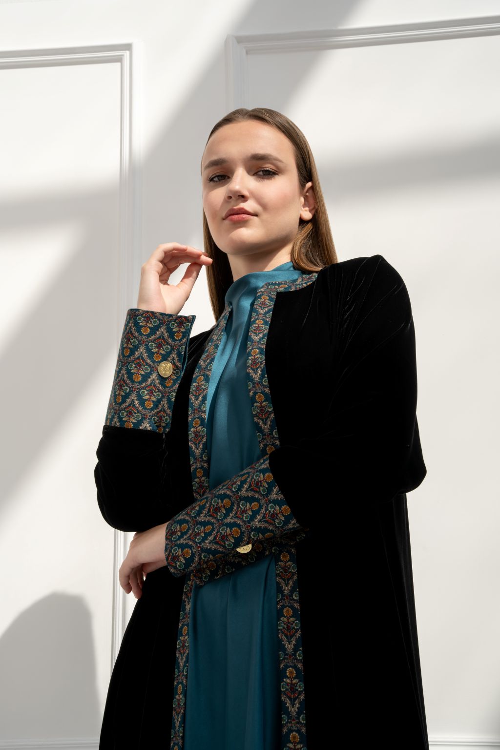 Selected Lines Black Velvet Abaya with Elegant Patterned Cuffs, Ideal Designer Coats for Special Occasions