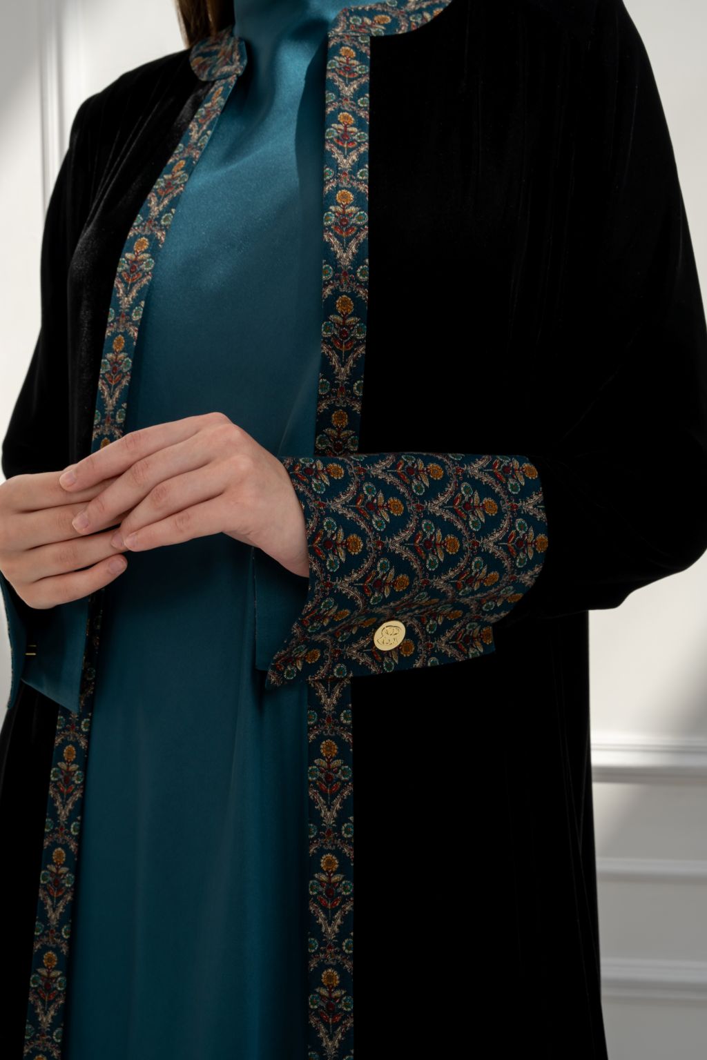 Selected Lines Black Abaya with Intricate Patterned Trims, Perfect as designer coats for special occasions