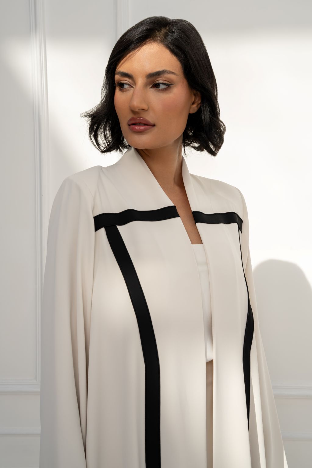 Selected Lines Cream Abaya with Black Trim for Elegant Designer Evening Wear for Women