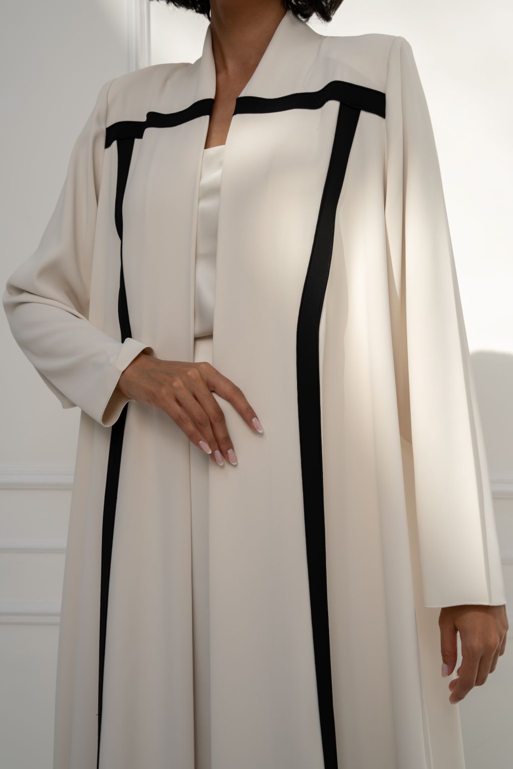 Selected Lines Cream Abaya with Black Trim, Elegant Design, Ideal for Designer Evening Wear for Women