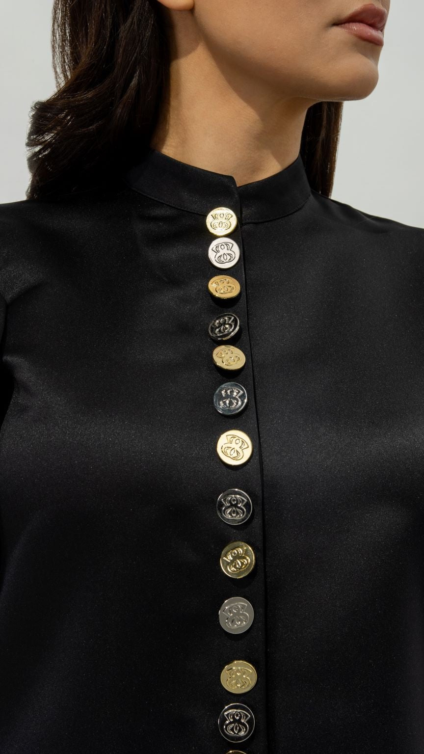 Selected Lines elegant button line dress in black with decorative metallic buttons down front