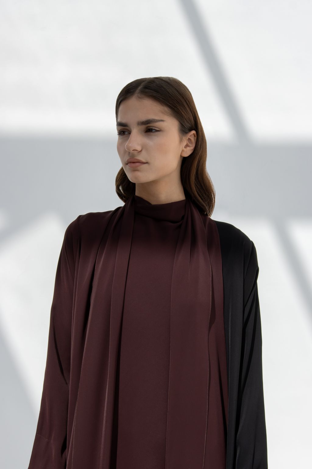 Selected Lines elegant half moon dress abaya in maroon and black with flowing fabric