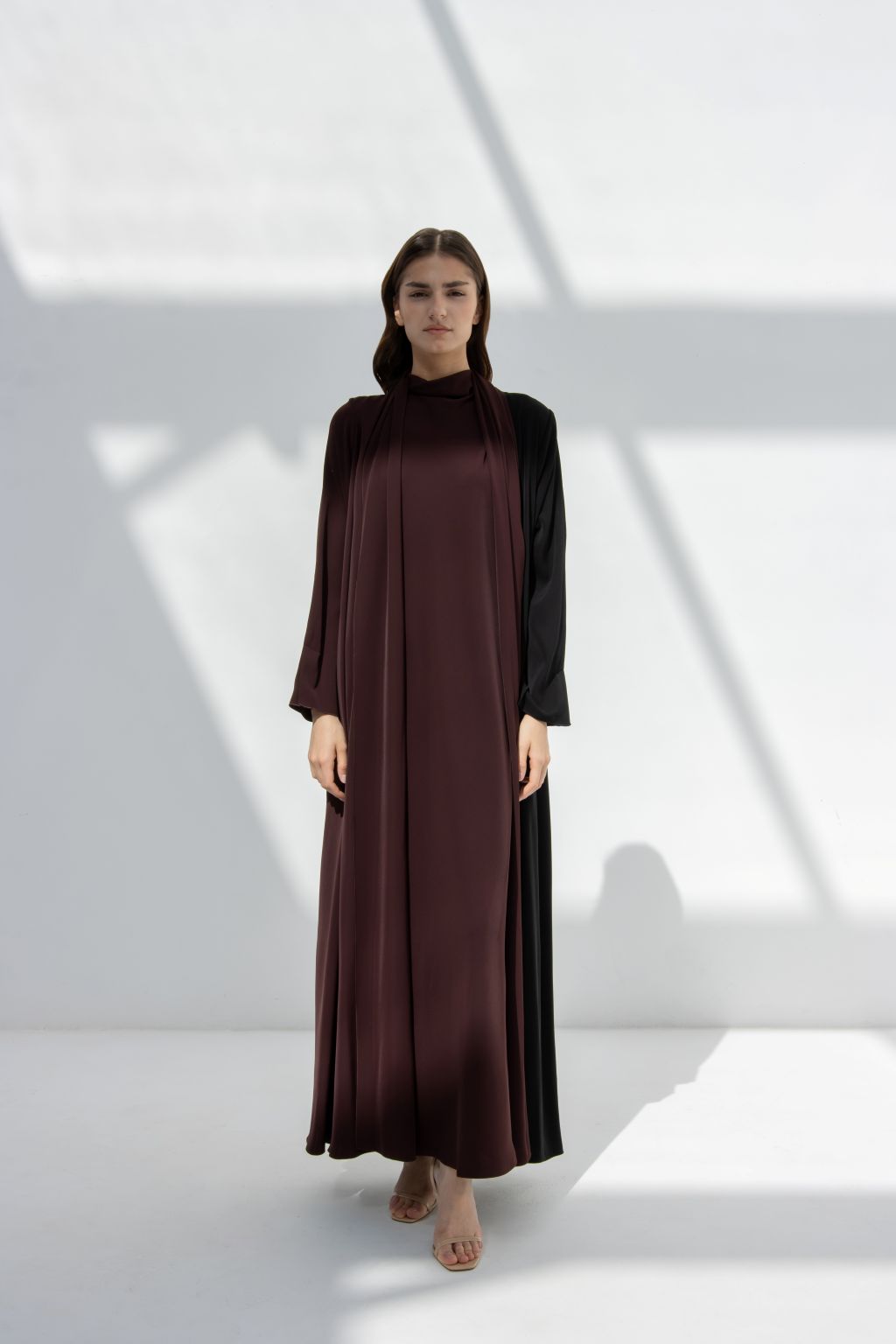Selected Lines elegant half moon dress abaya in brown and black with long sleeves