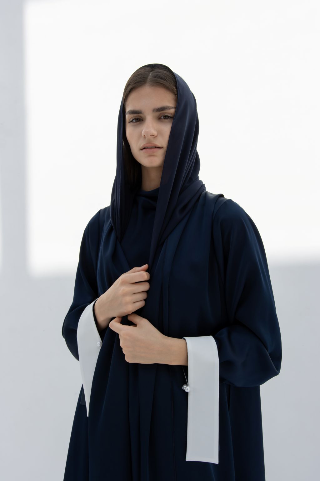 Selected Lines Abaya in navy with stylish sleeves, perfect for elegant modest wear for women.