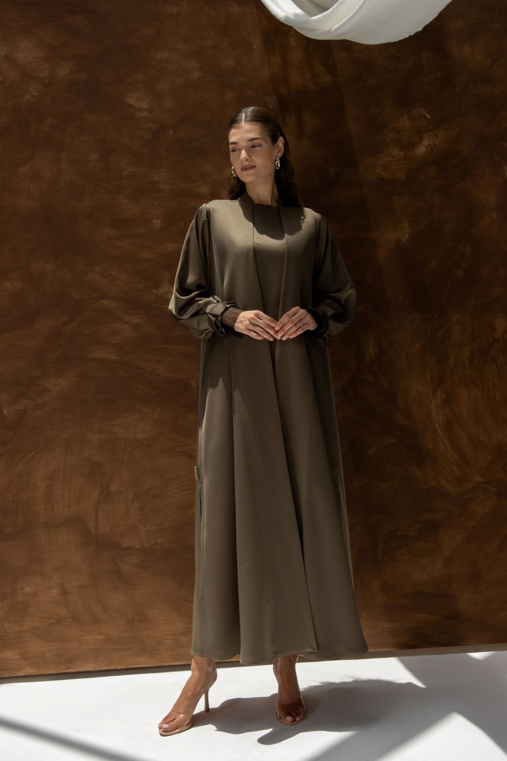Selected Lines elegant women’s evening gown abaya in olive with long sleeves and modest design