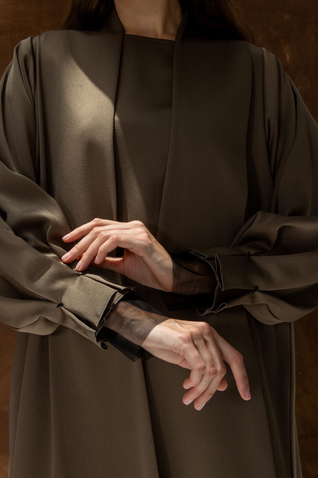 Selected Lines elegant women’s evening gown abaya with long puffed sleeves and sheer cuff details