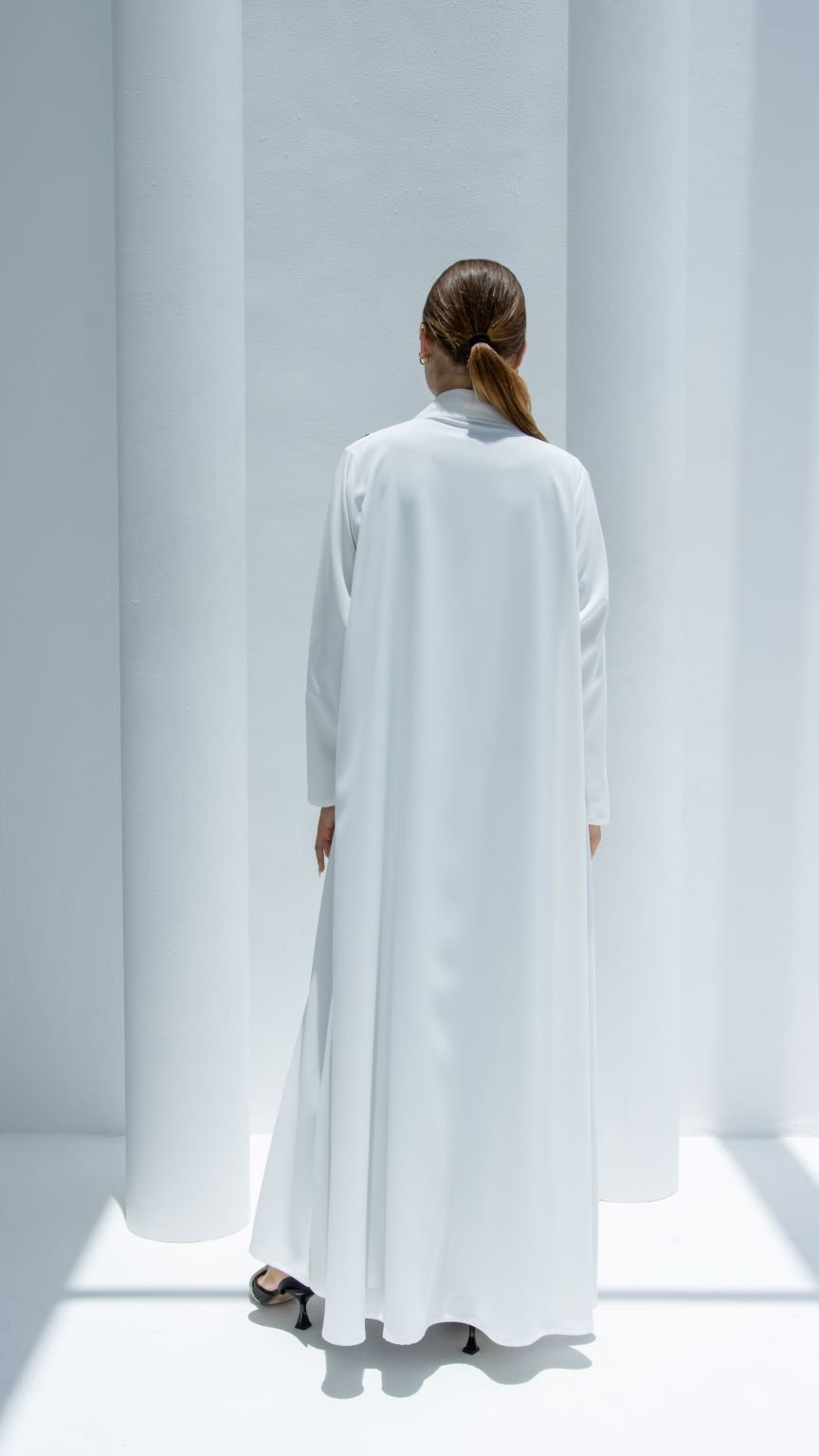 Back view of Fine Leaves Abaya showcasing A-line fit and elegant white crepe material | Selected Lines