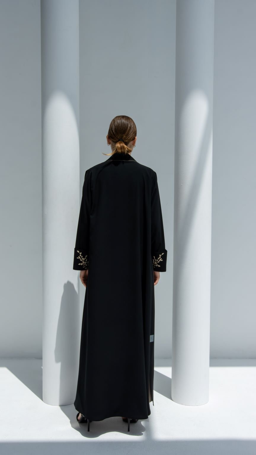 Back view of Floral Sleeves Abaya showcasing A-line fit and semi-formal design | Selected Lines