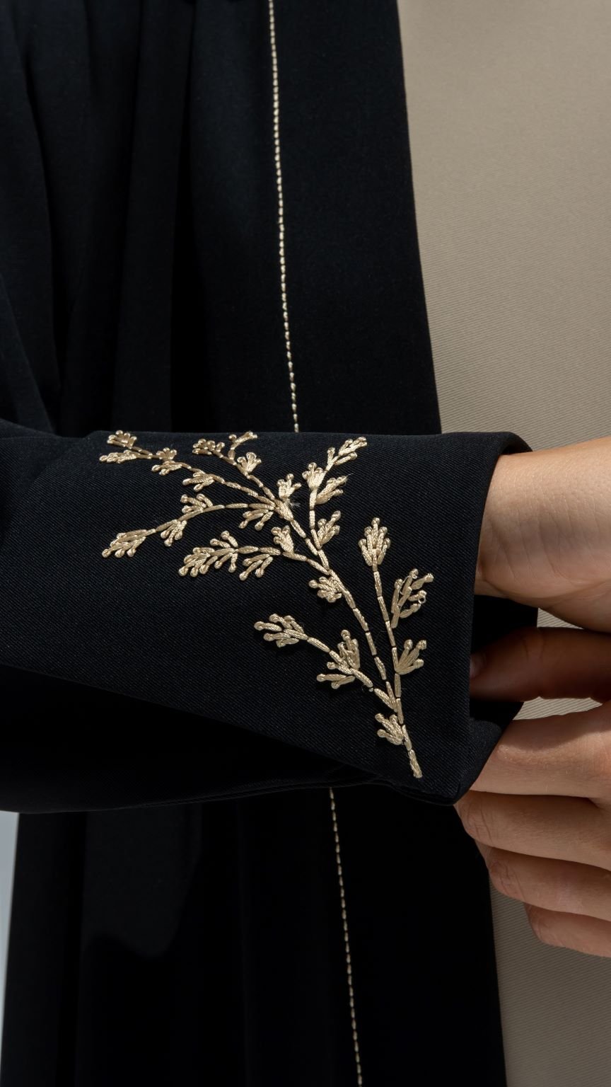 Close-up of Floral Sleeves Abaya’s intricate floral thread embroidery on sleeves | Selected Lines