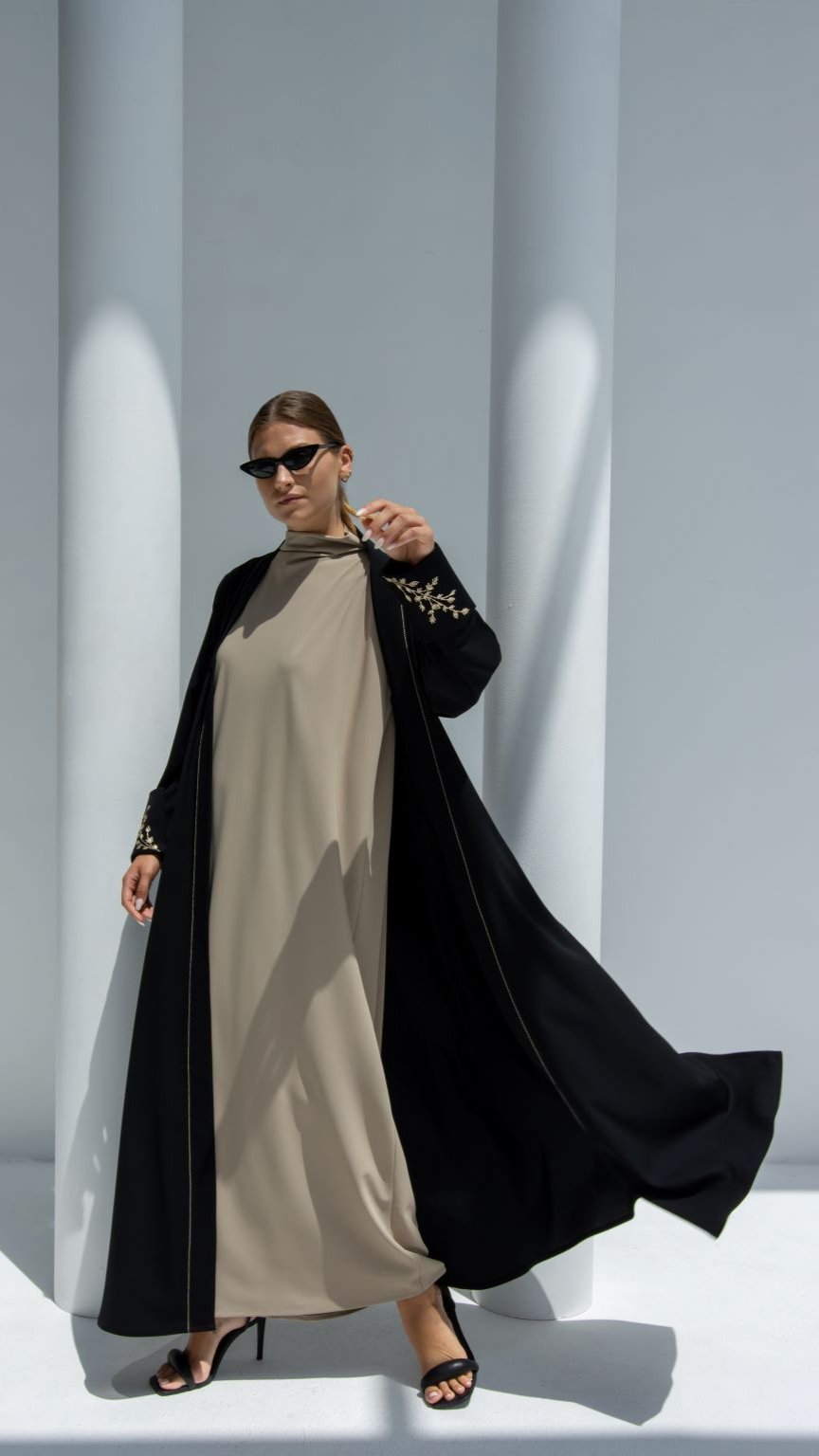 Front view of Floral Sleeves Abaya in black crepe fabric with floral thread embroidery on sleeves | Selected Lines