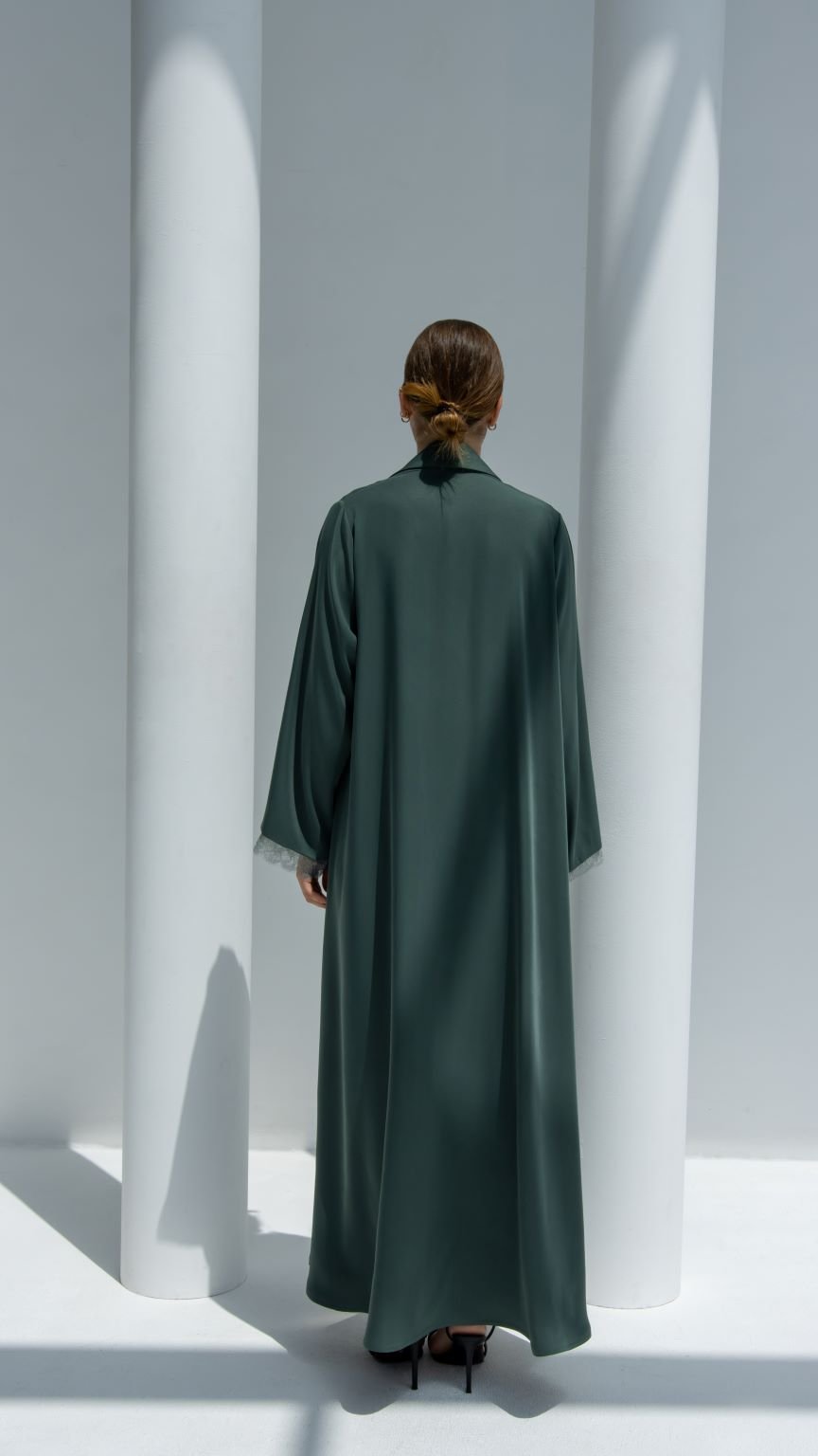 Back view of Half Lace Abaya showcasing the A-line fit and coat style | Selected Lines