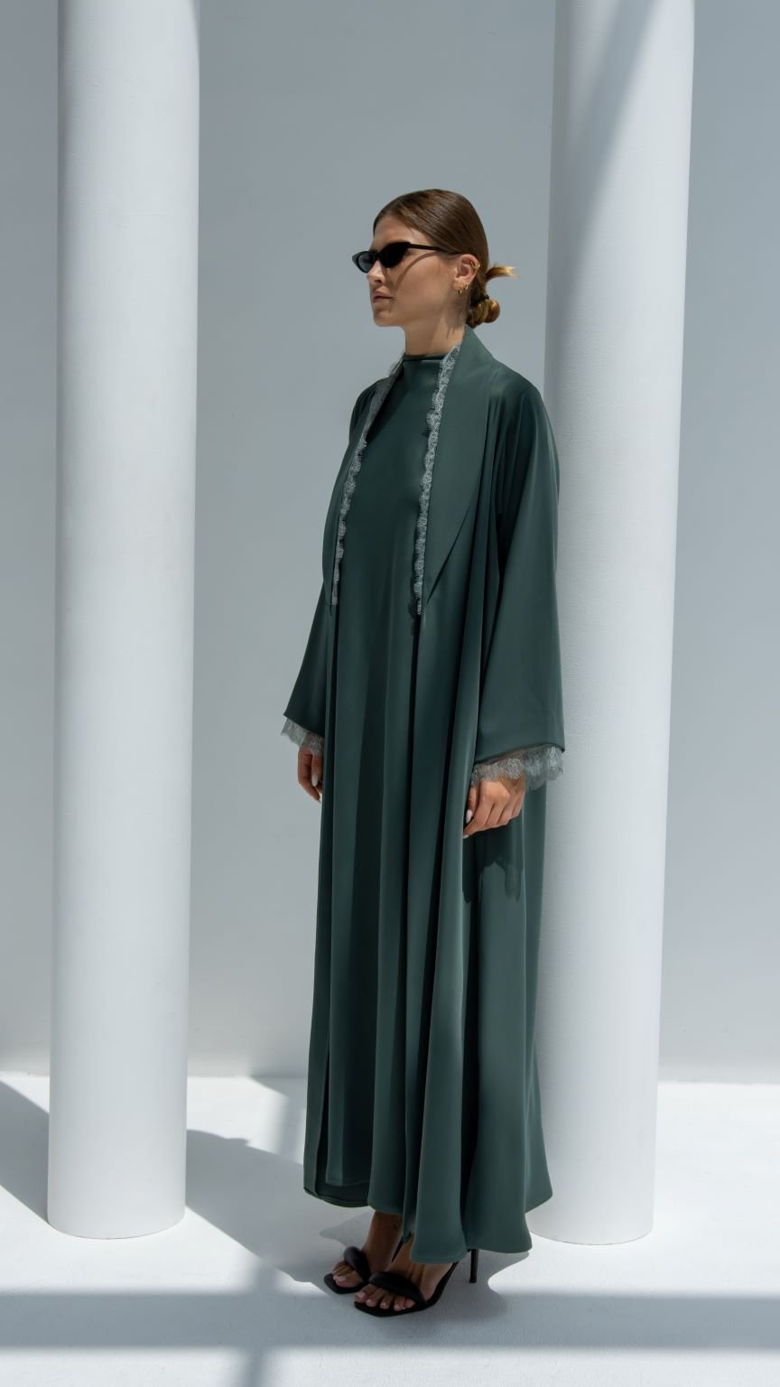 Side profile of Half Lace Abaya highlighting the luxurious crepe fabric and lace detailing | Selected Lines