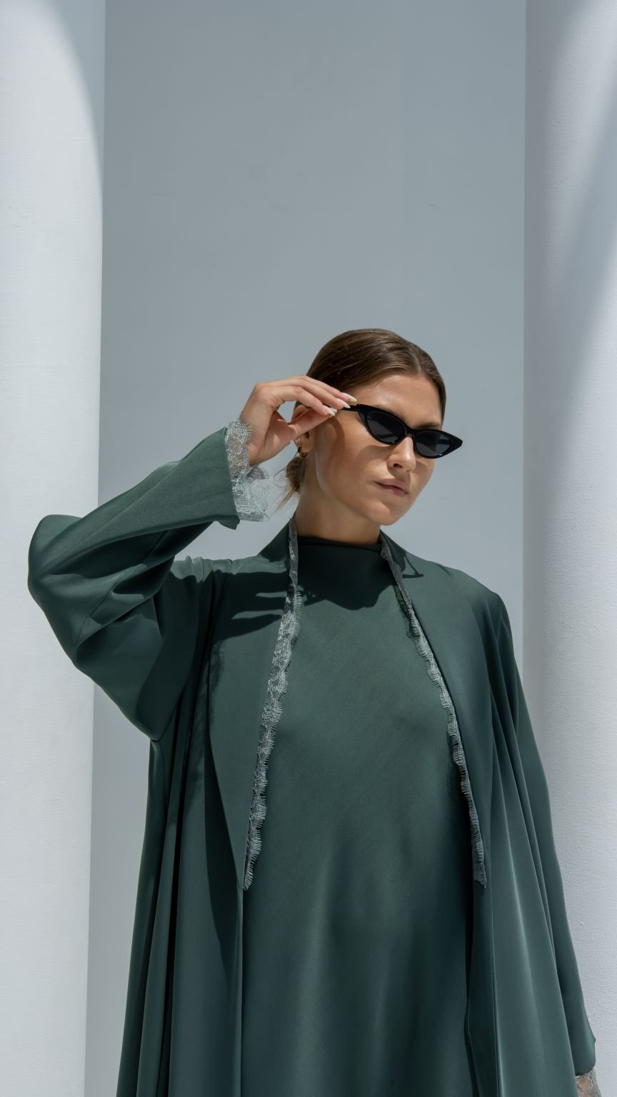 Half Lace Abaya paired with matching dress, offering an elegant ensemble for special occasions | Selected Lines