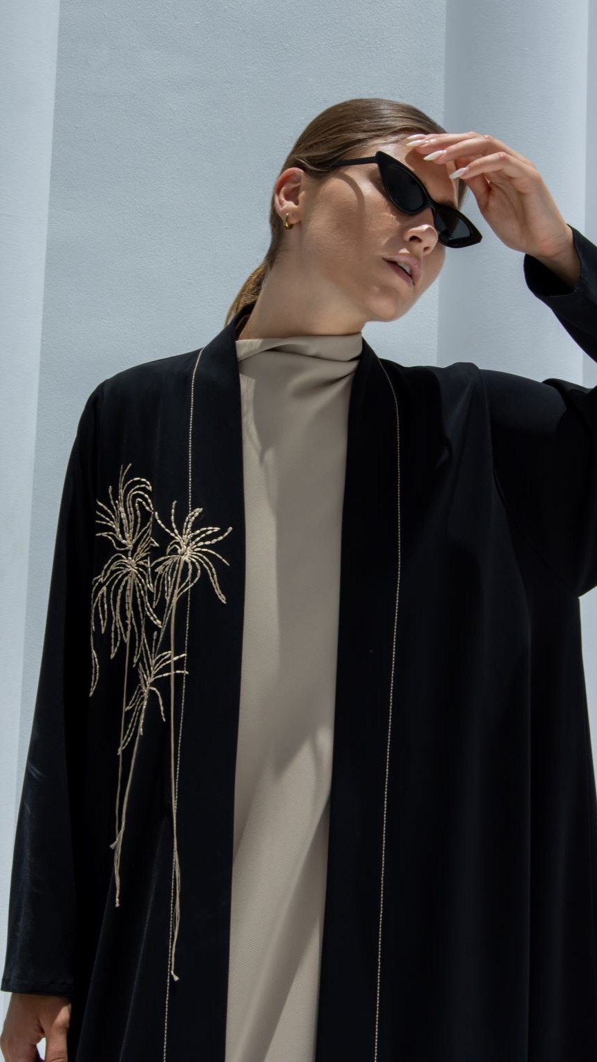 Front view of Hanging Flowers Abaya in black crepe fabric with handcrafted thread design | Selected Lines
