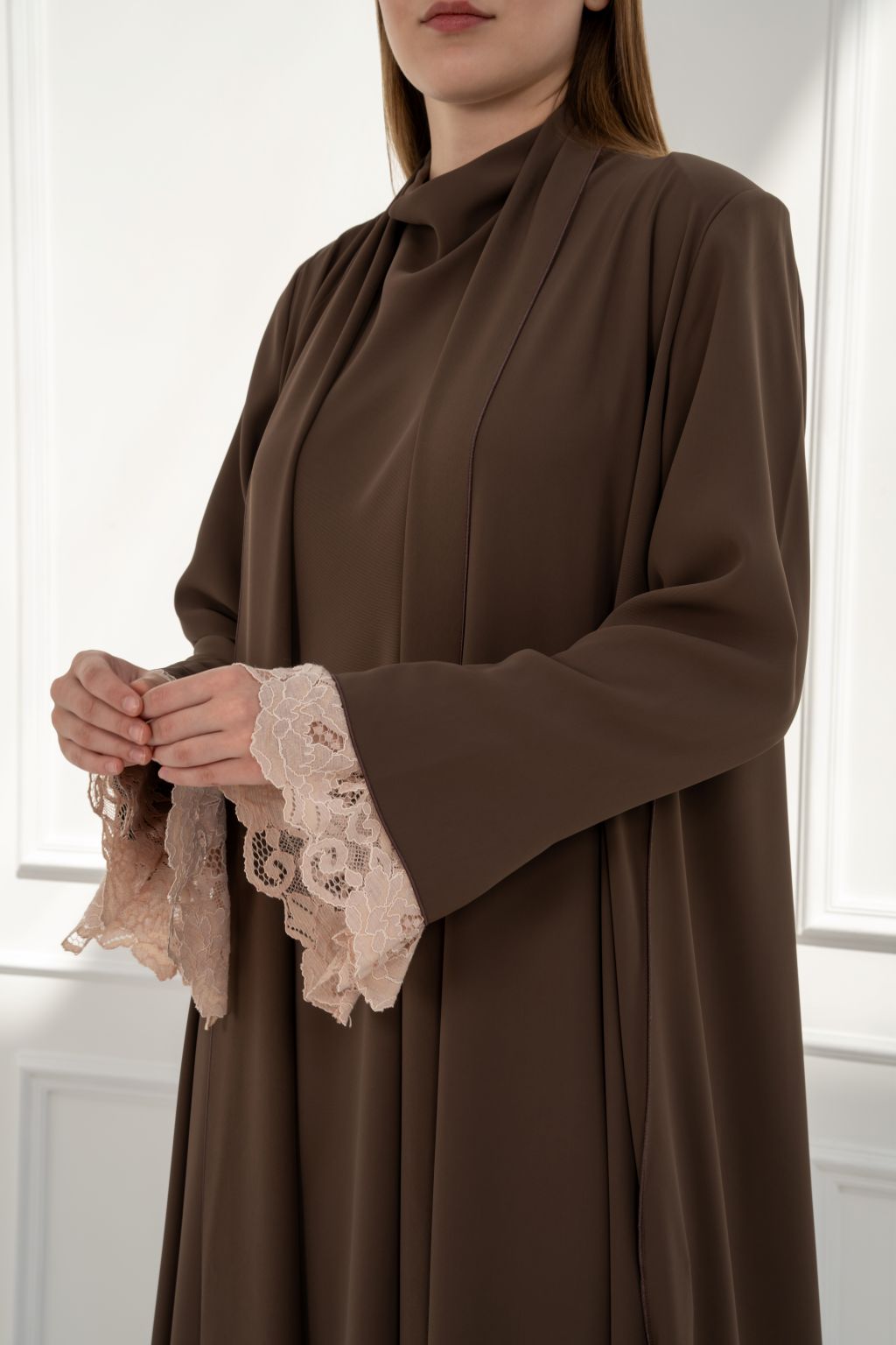 Beautiful high quality abaya for women in brown with delicate lace details on sleeves