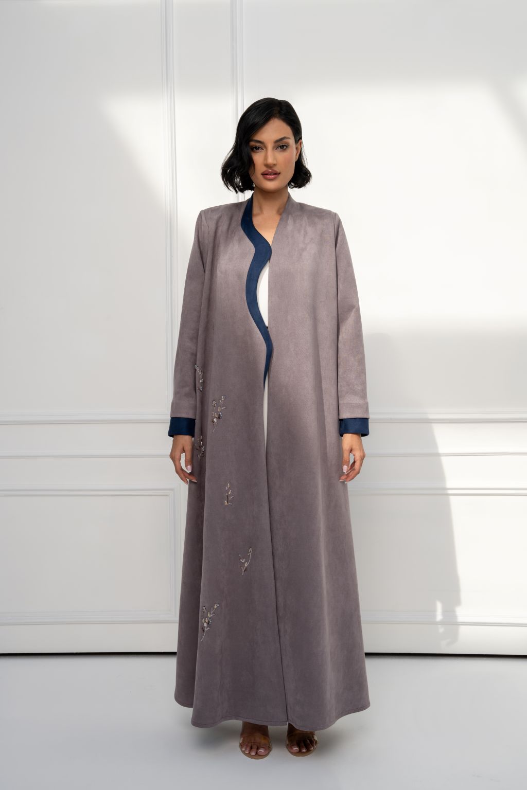 Selected Lines high quality fashion statement abaya in soft lavender with navy accents and delicate embroidery