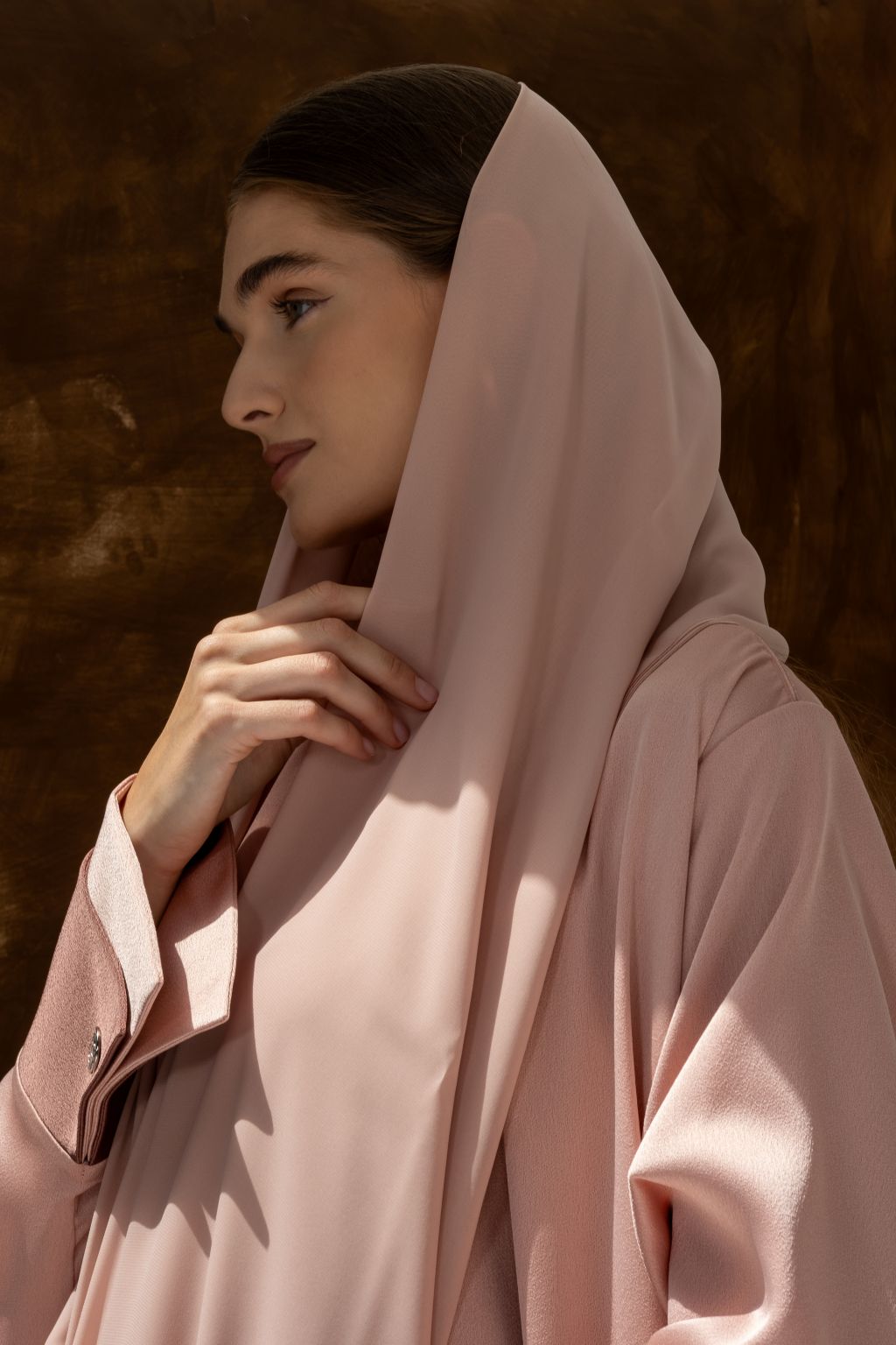 Selected Lines high quality formal abaya in soft pink fabric with elegant draping