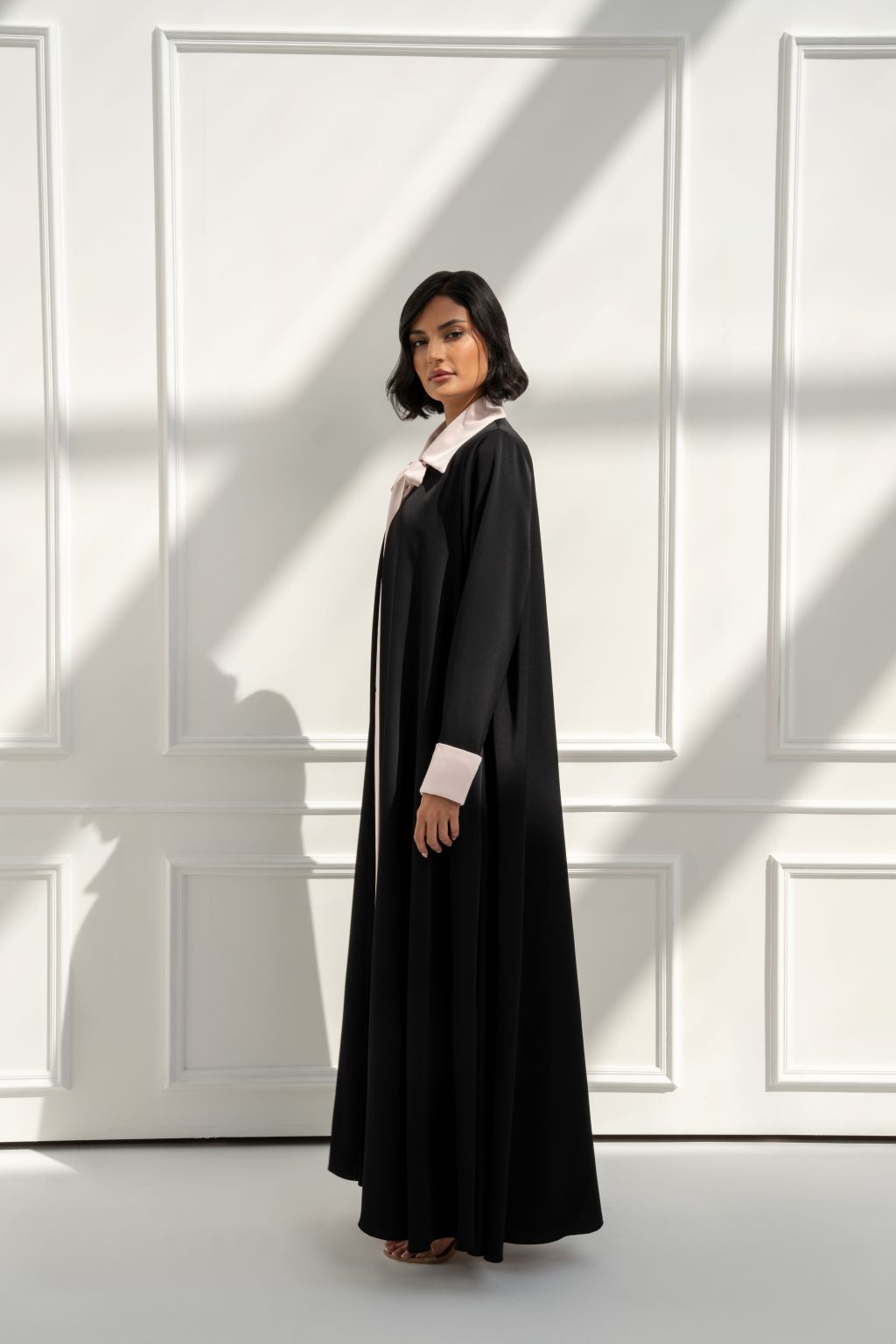 Selected Lines Black Abaya with Soft Pink Collar, a stylish high quality modest fashion outfit