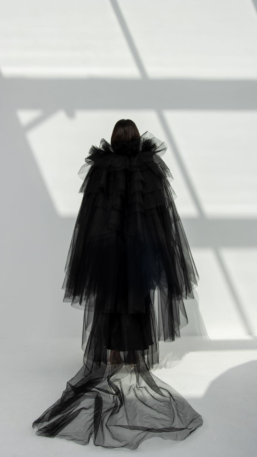 Back view of Layered Elegance Tulle Abaya showcasing the fit cut and minimalistic design | Selected Lines