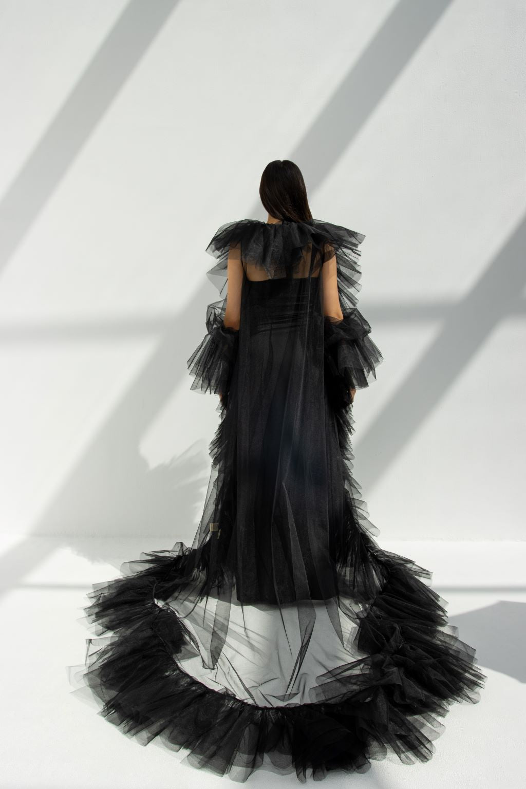 Back view of Layers Tulle Abaya showcasing fit cut and layered tulle design | Selected Lines