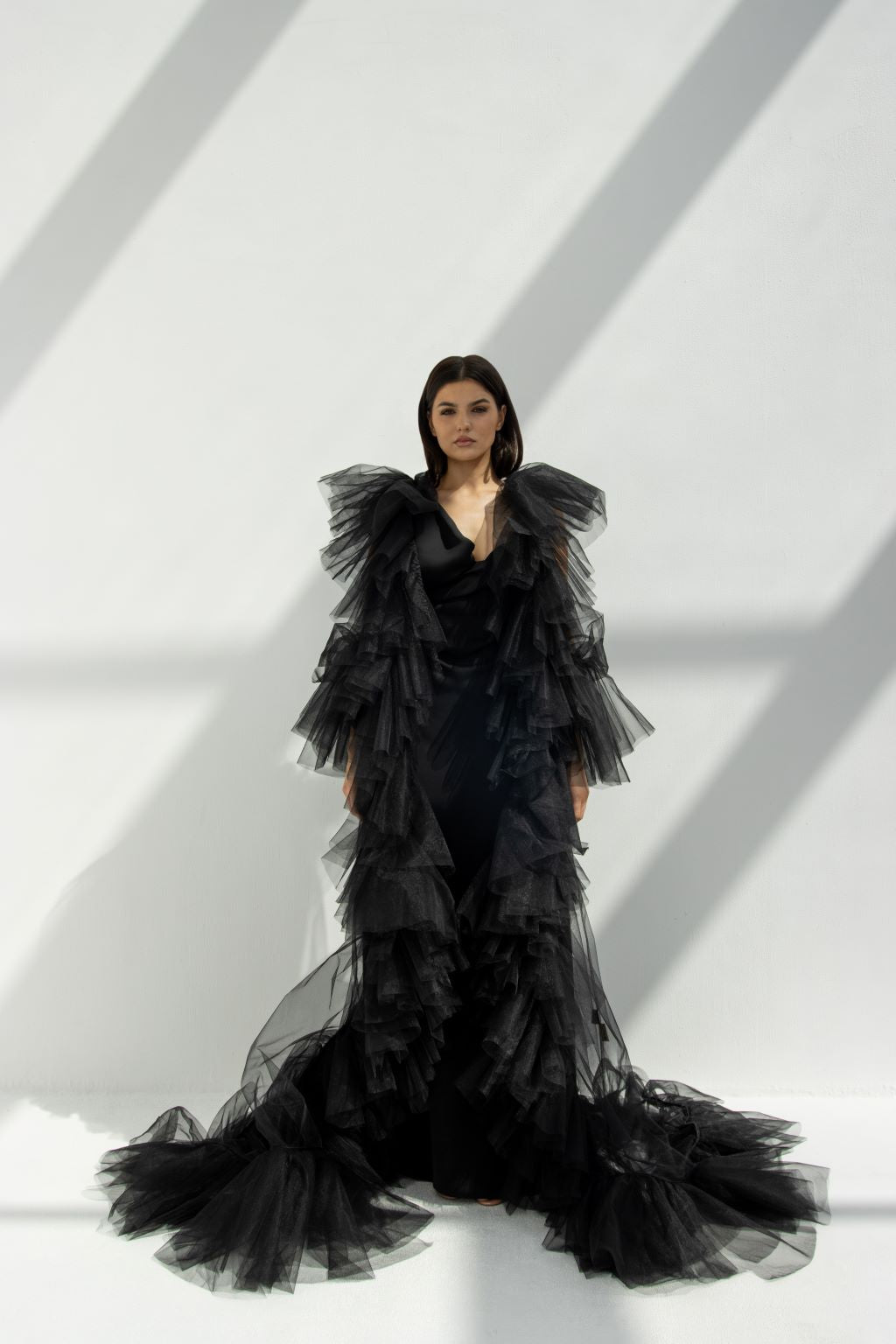 Front view of Layers Tulle Abaya in black tulle fabric, designed for weddings | Selected Lines