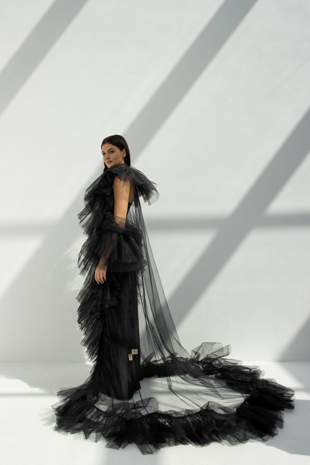 Side profile of Layers Tulle Abaya highlighting non-stretchy tulle fabric and elegant layers | Selected Lines