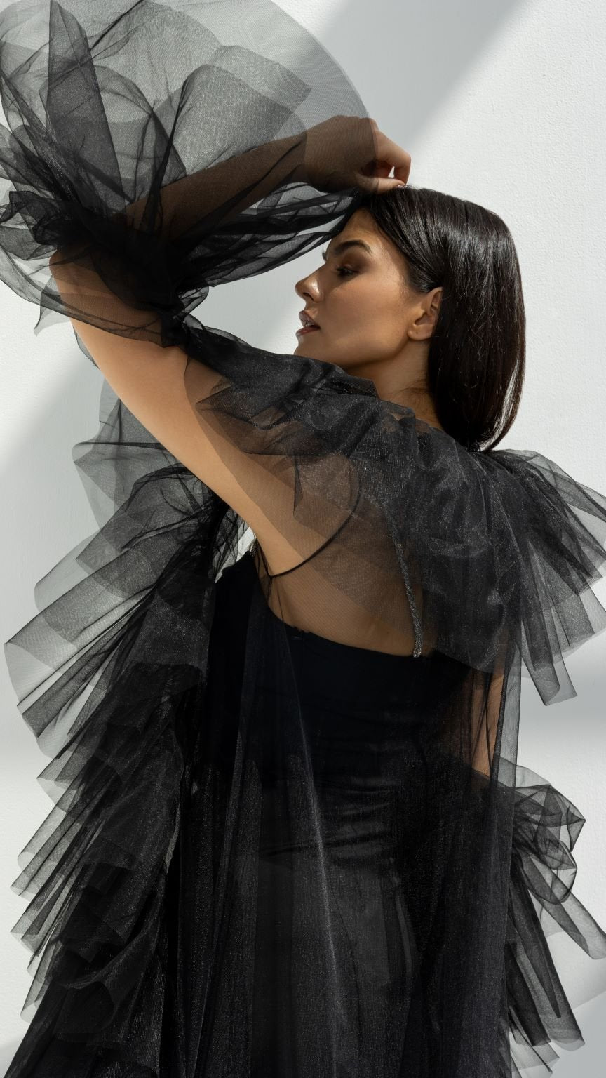 Layers Tulle Abaya paired with matching dress, perfect for fashion-forward weddings | Selected Lines