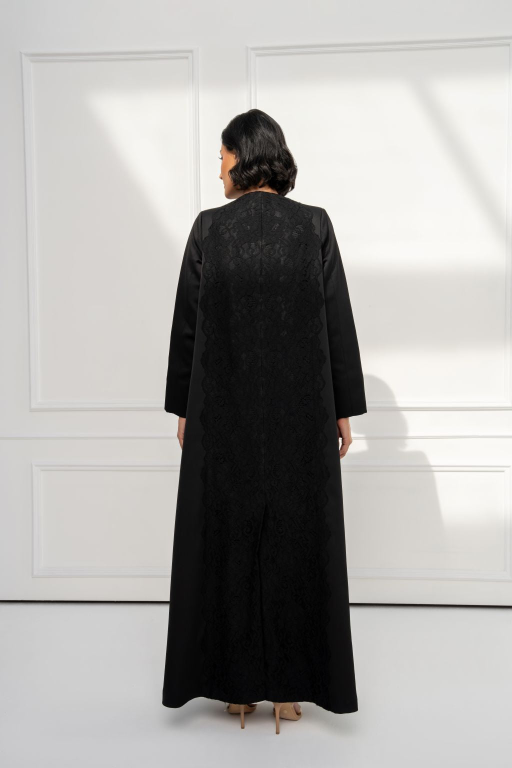 Selected Lines luxury black lace Duntel abaya for women featuring elegant design and comfortable fit