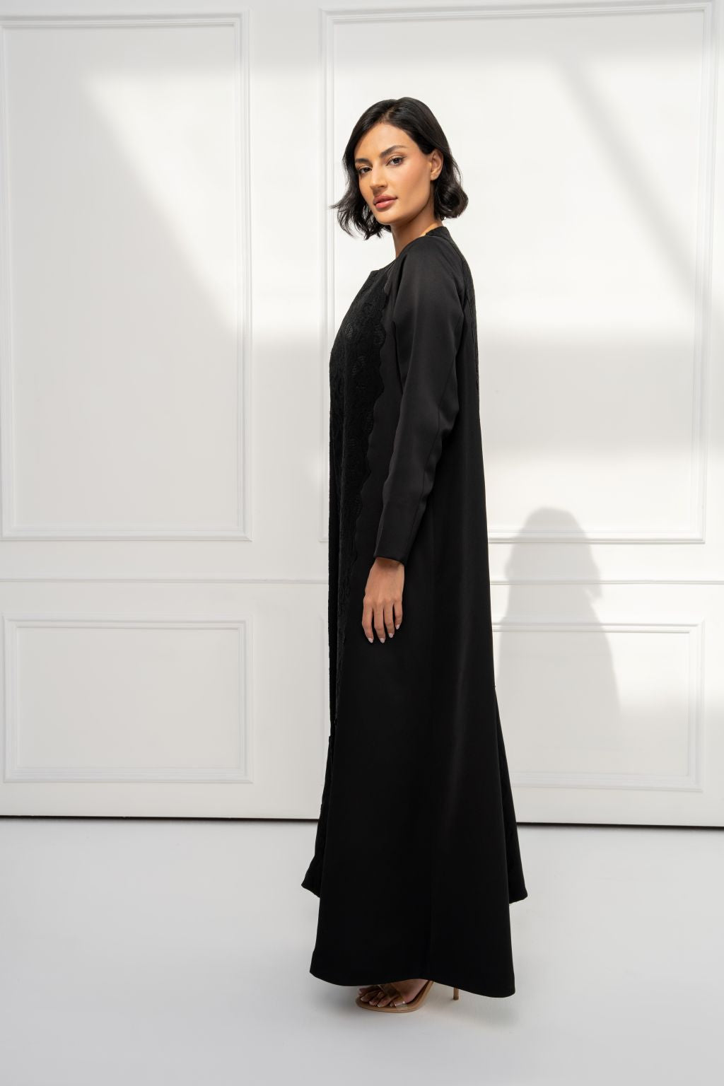 Selected Lines luxury black lace Duntel abaya for women with elegant design and modest silhouette