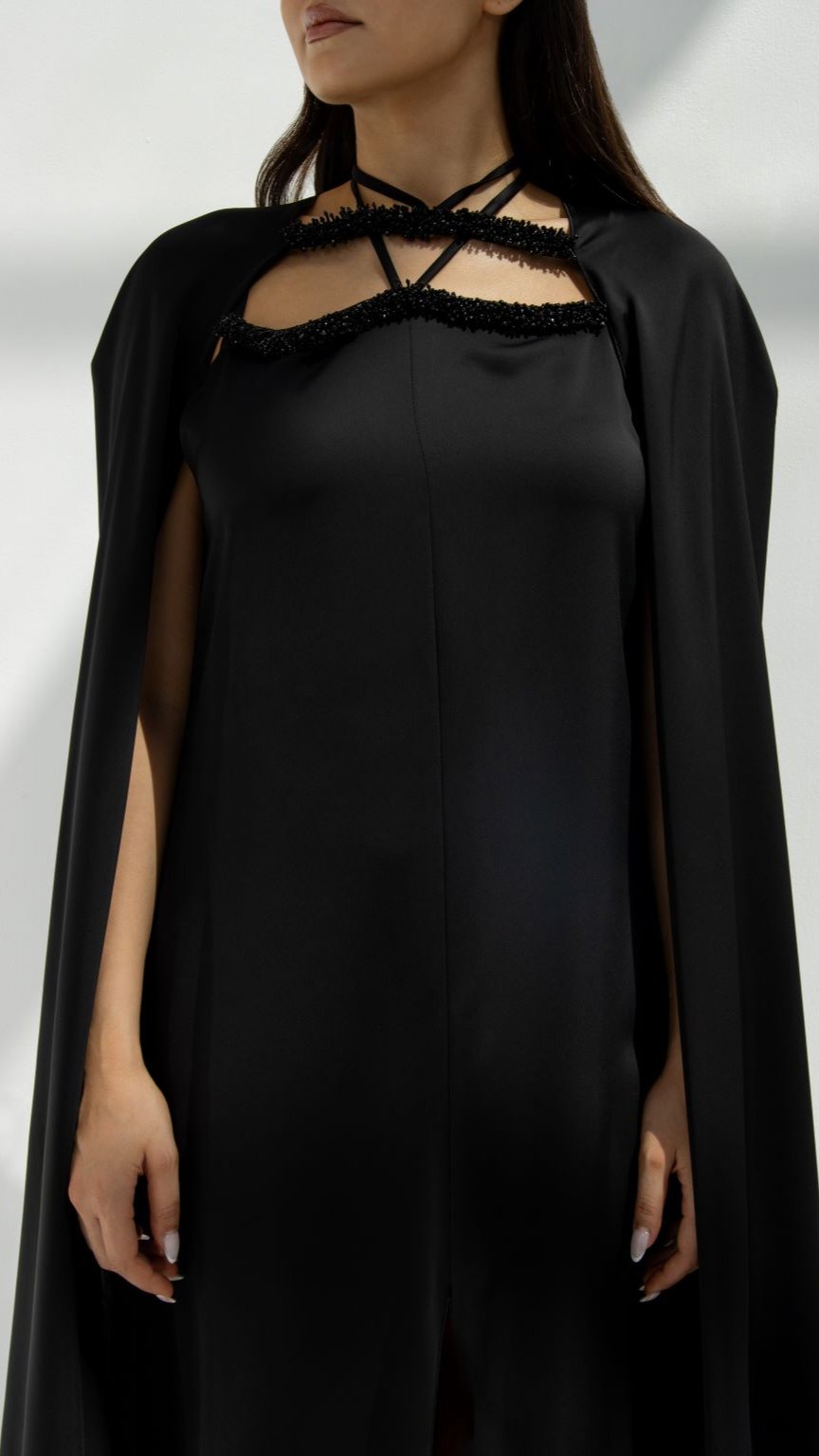 Selected Lines luxury cape chain abaya in black with unique neckline and flowing cape design