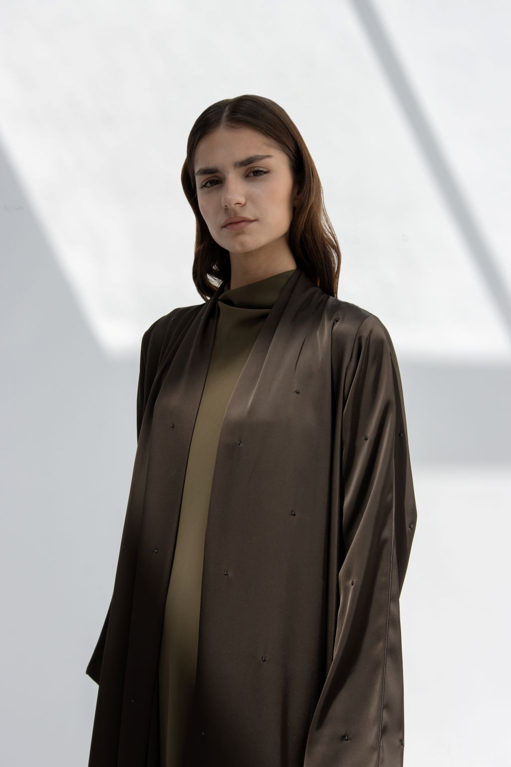 Selected Lines luxury evening stone abaya in dark brown with subtle stone embellishments