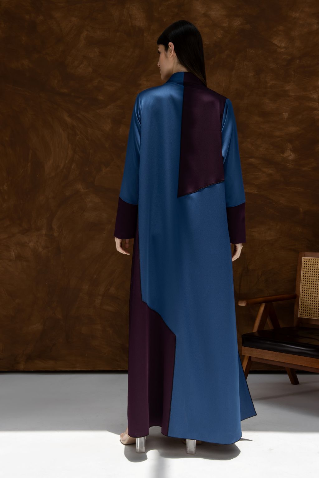 Selected Lines luxury HueLine blue abaya featuring a unique two-tone design with purple accents and long sleeves