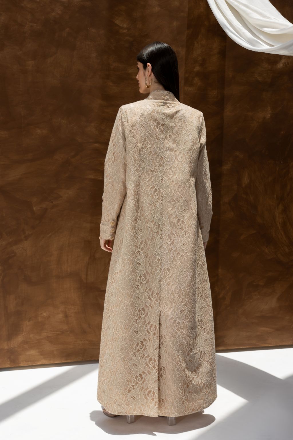 Back view of a luxury lace Duntel Enchante abaya by Selected Lines in beige lace fabric