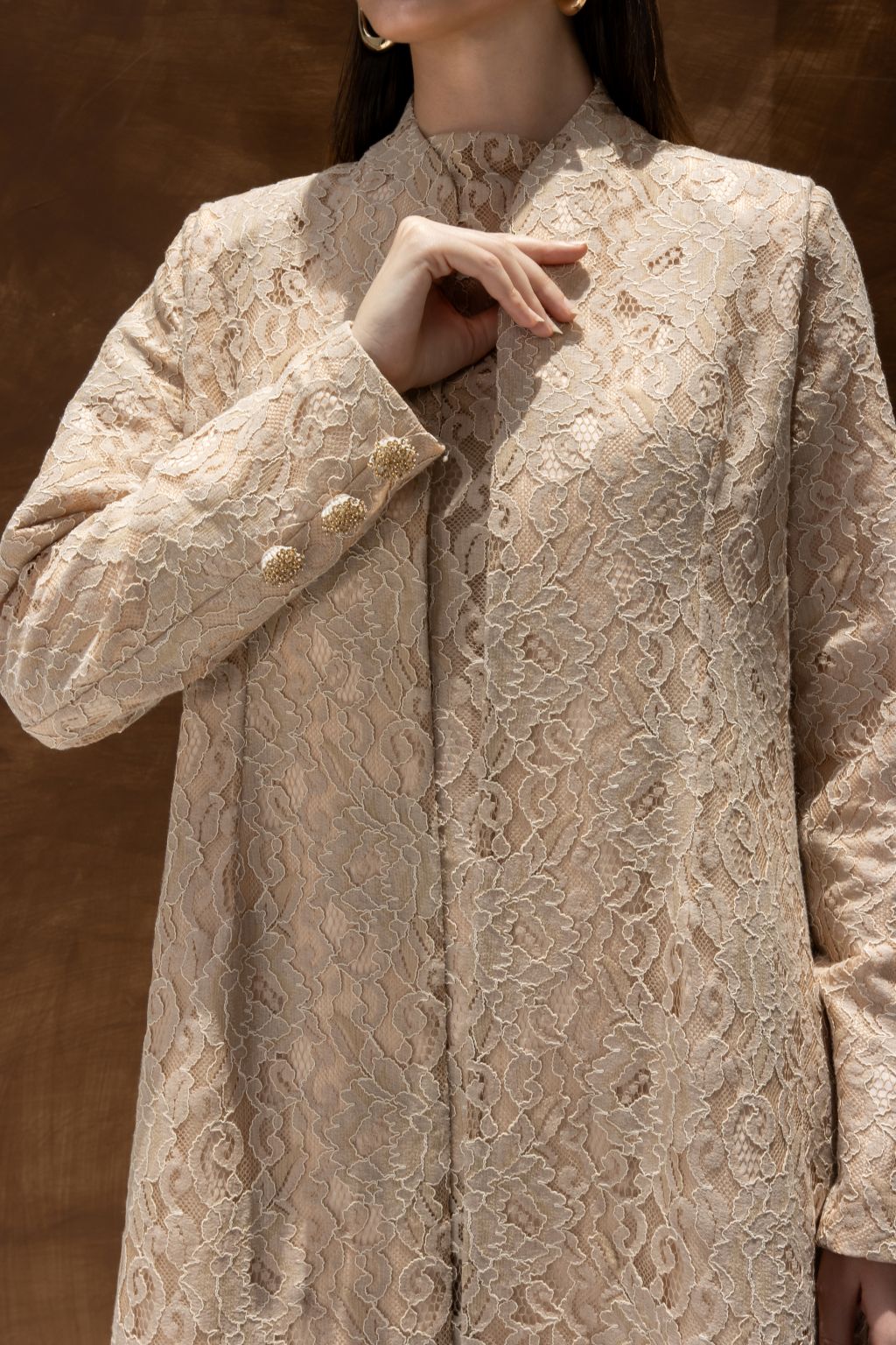 Selected Lines luxury lace Duntel Enchante abaya featuring intricate floral lace design and buttoned cuffs