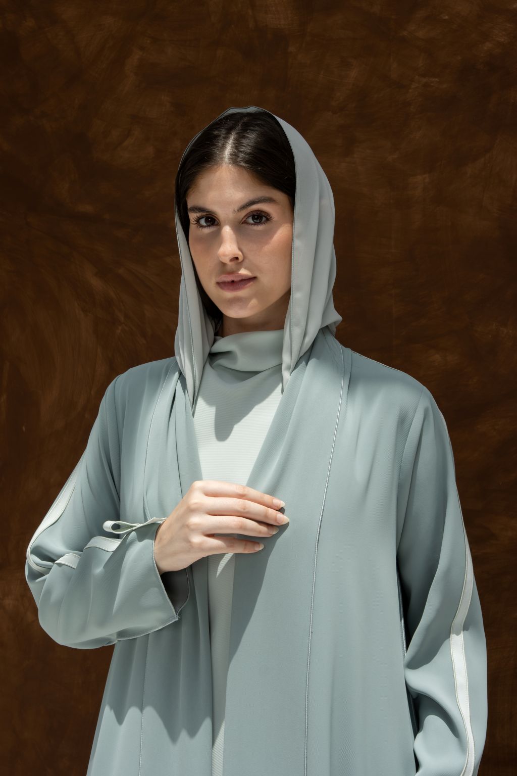 Selected Lines luxury modest Fionka Belle abaya in soft gray fabric with hood and long sleeves