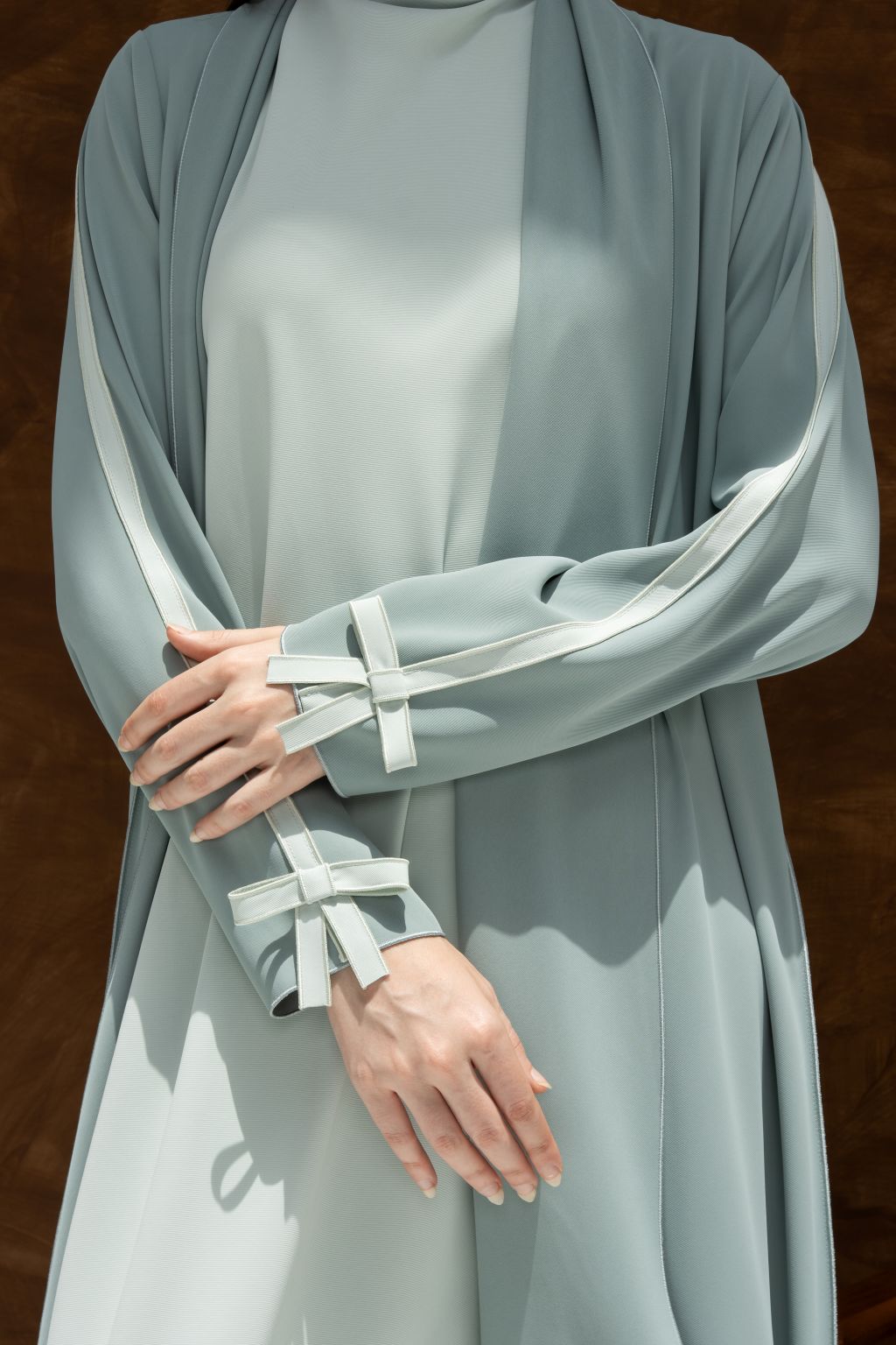 Selected Lines luxury modest Fionka Belle abaya in soft grey with bow details on sleeves