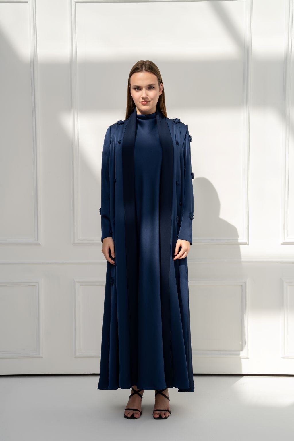 Selected Lines luxury navy long coat for women with a stylish long design and elegant fit