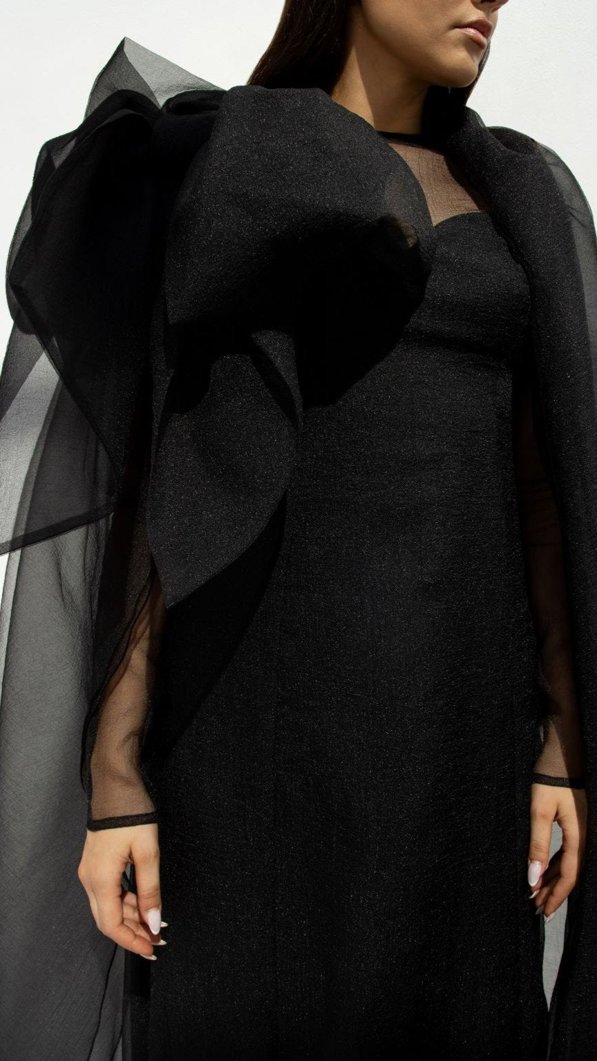 Selected Lines luxury organza abaya in black with sheer puffed sleeves and elegant flowing design