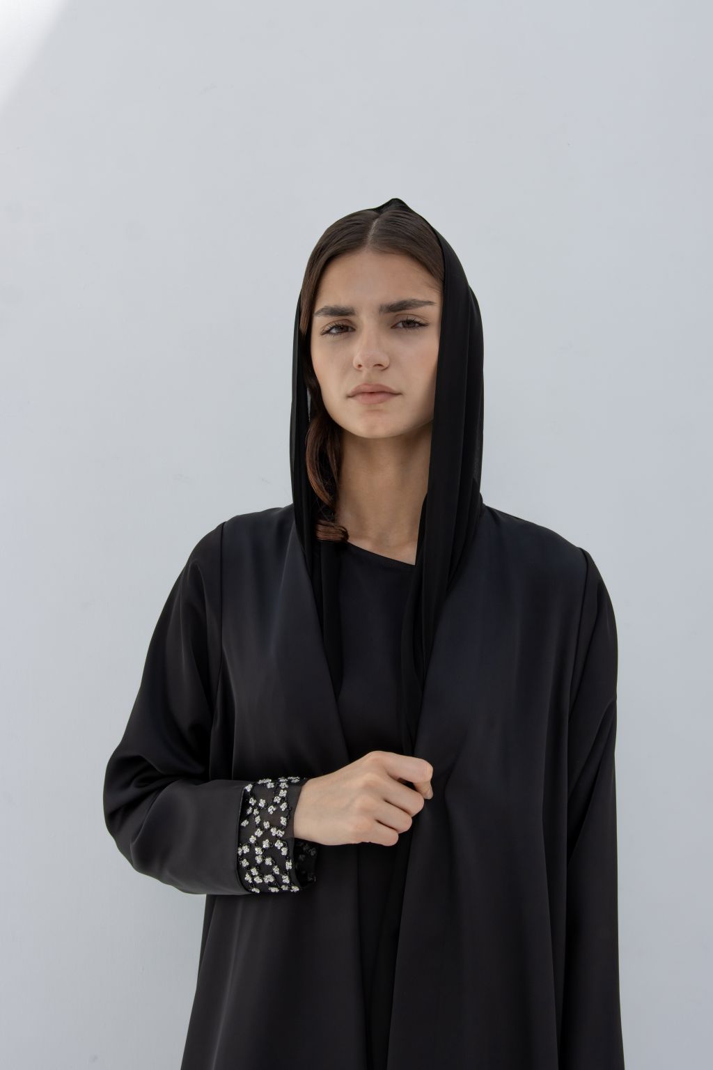 Selected Lines luxury silver crystal abaya with intricate silver crystal detailing on the cuff